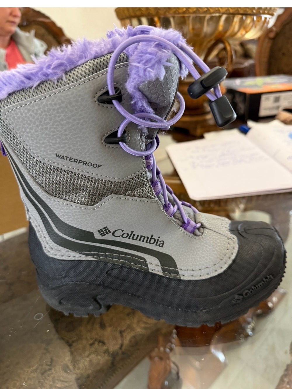 Columbia Kids Waterproof Winter Snow Boots Gray Purple Faux Fur Insulated EUC